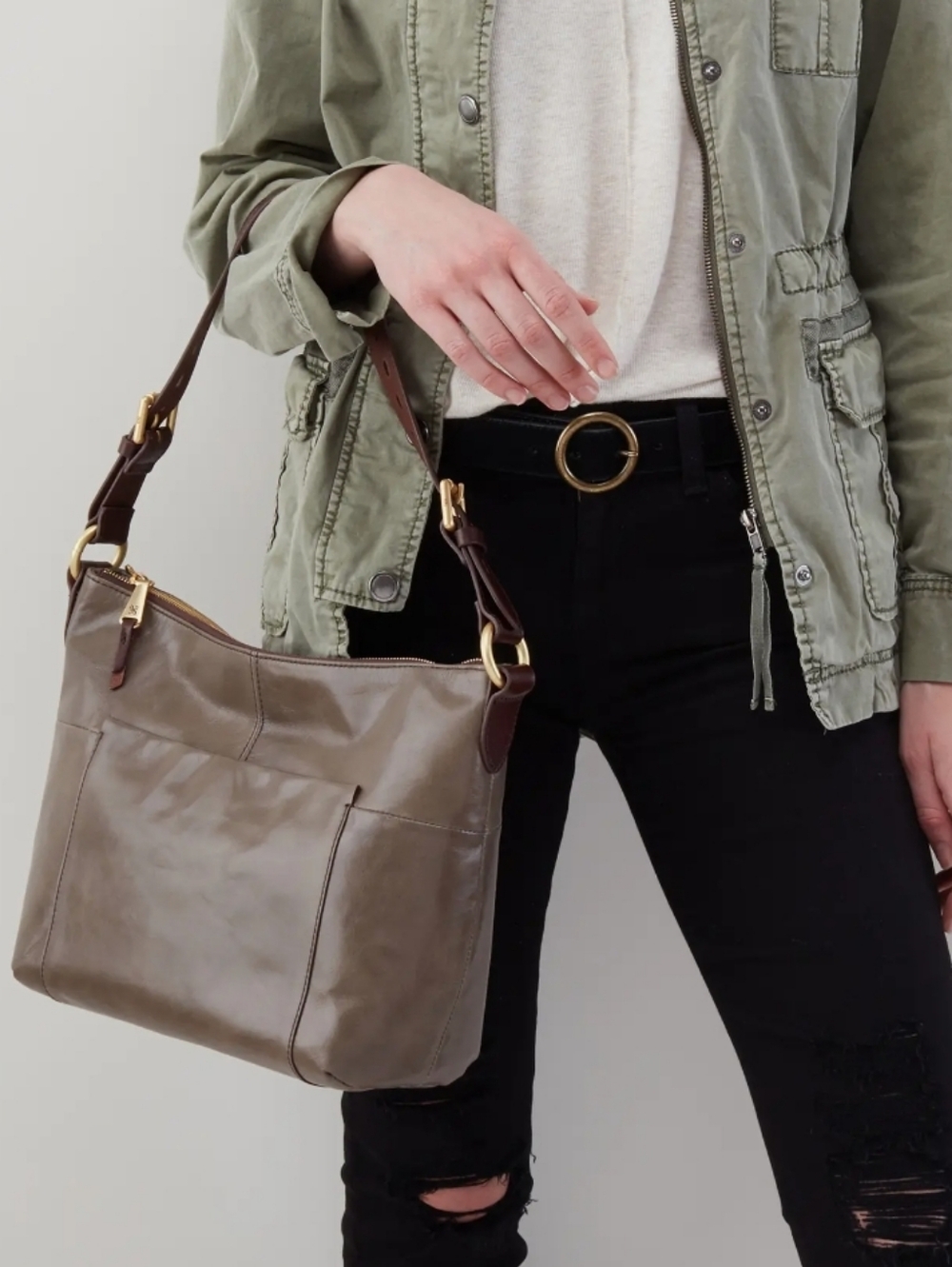 HOBO Taupe Leather Hobo with Brown Strap and Gold Hardware